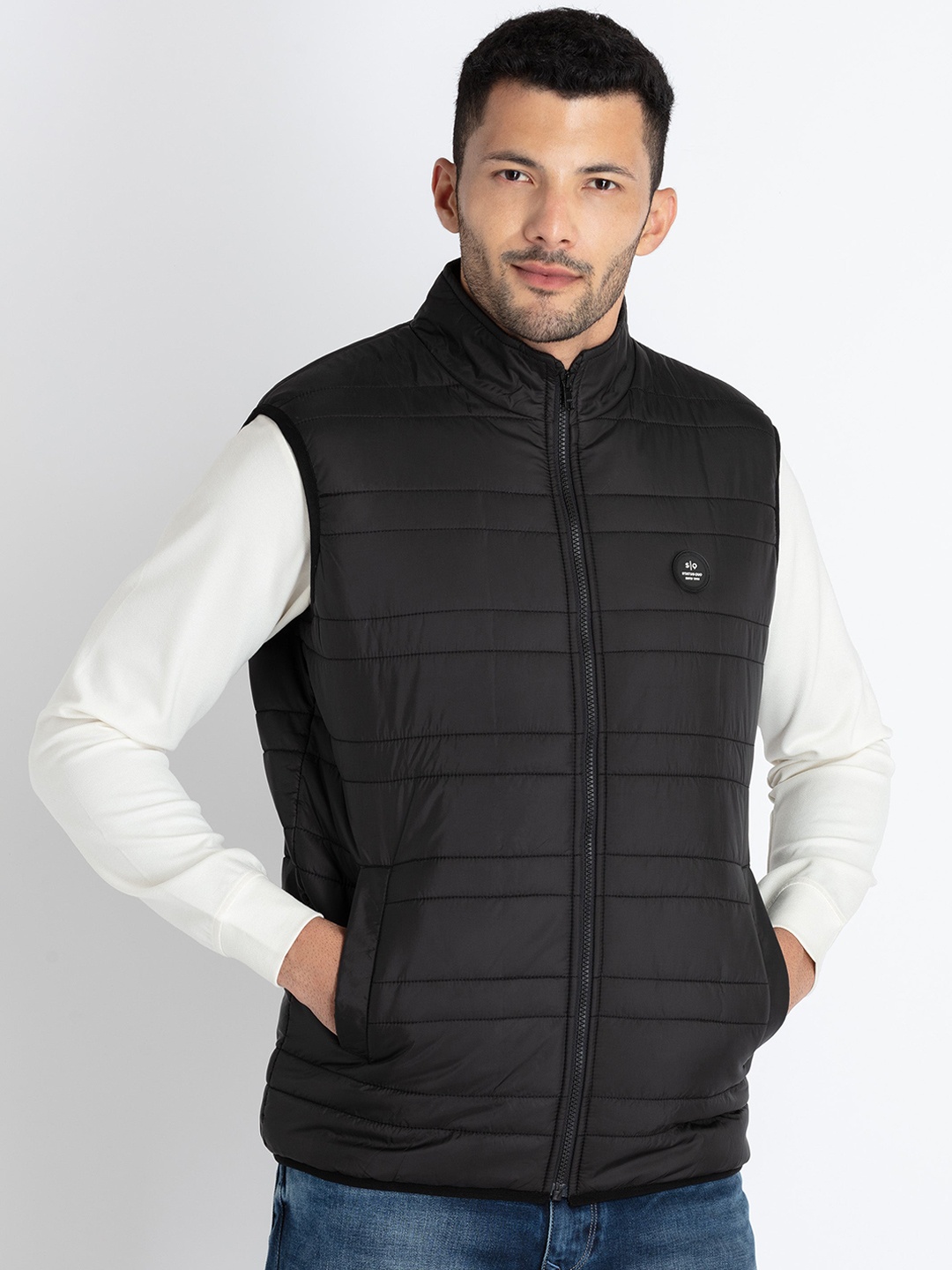 

Status Quo Mock Collar Sleeveless Padded Jacket, Black