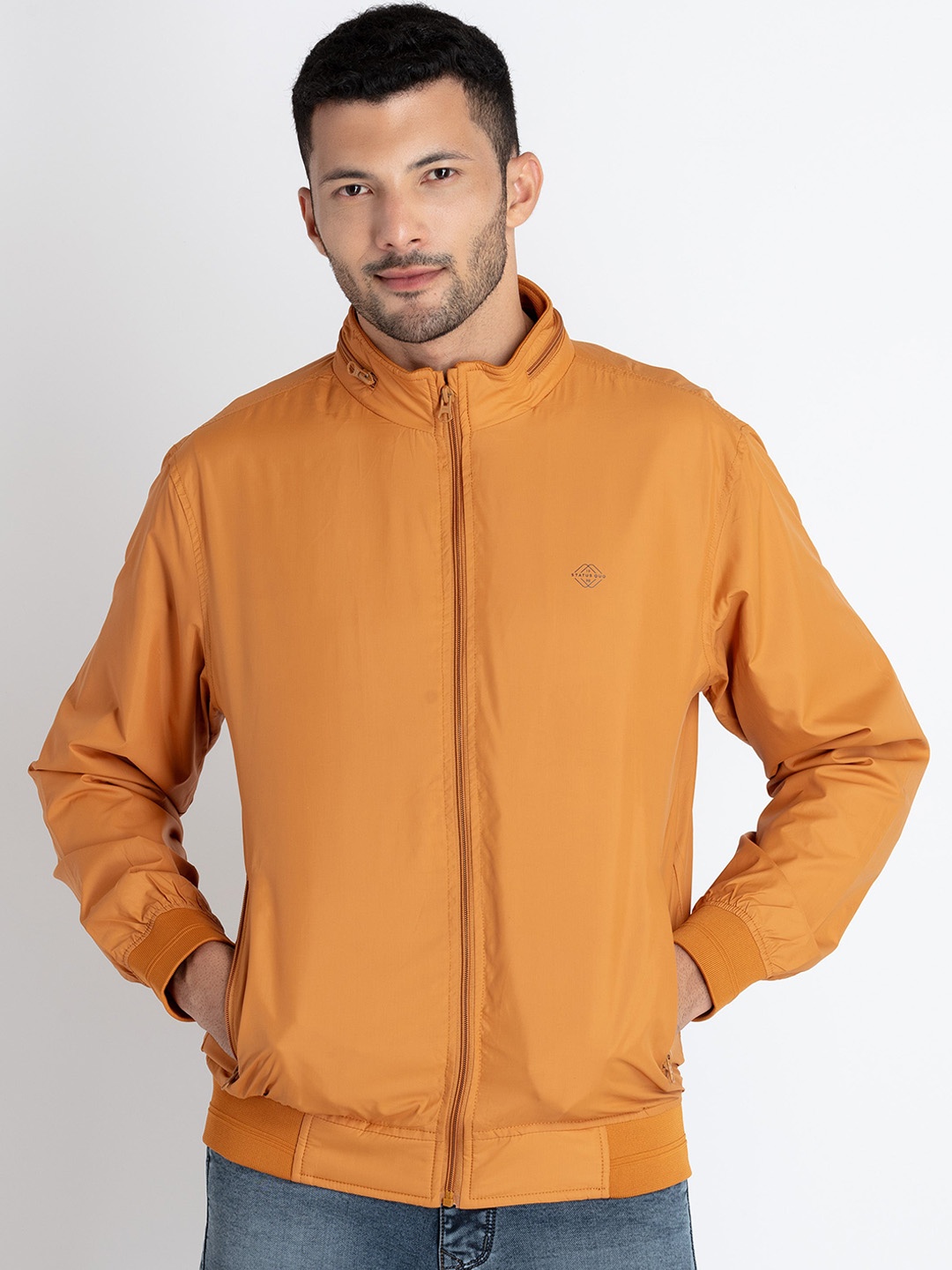 

Status Quo Stand Collar Lightweight Bomber Jacket, Mustard