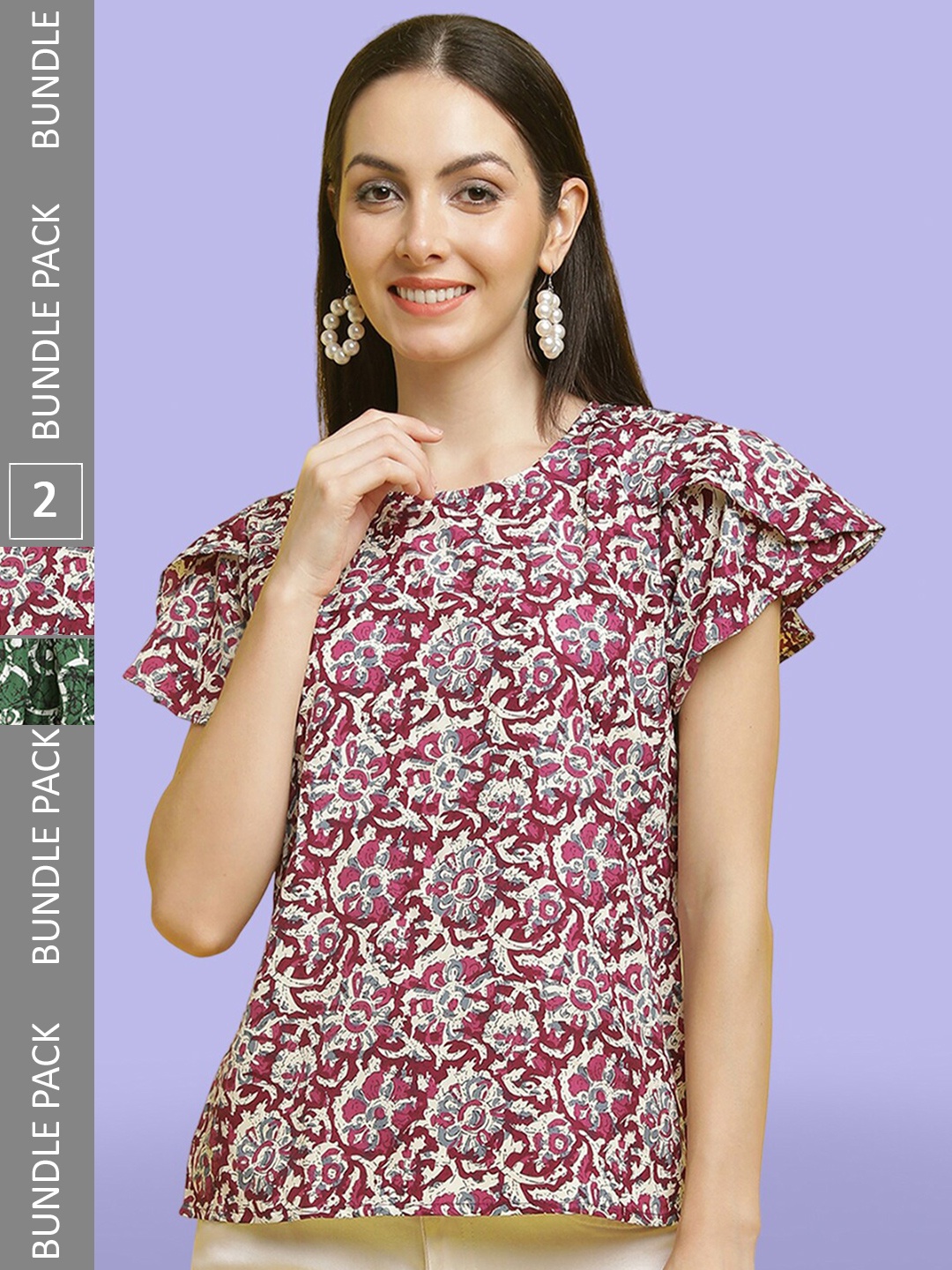 

Poshyaa Pack Of 2 Printed Round Neck Tops, Green