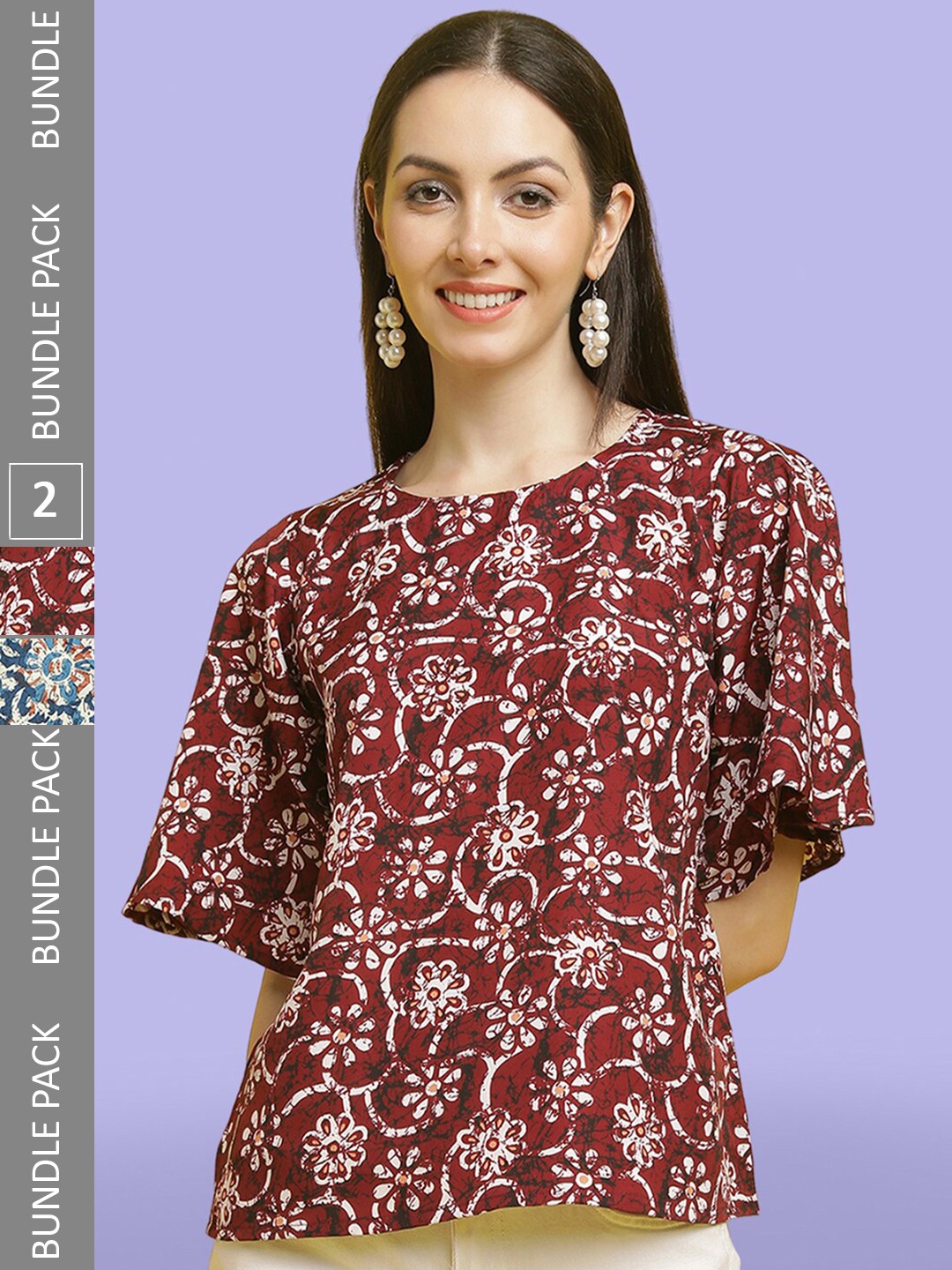 

Poshyaa Pack Of 2 Printed Flared Sleeve Crepe Top, Maroon