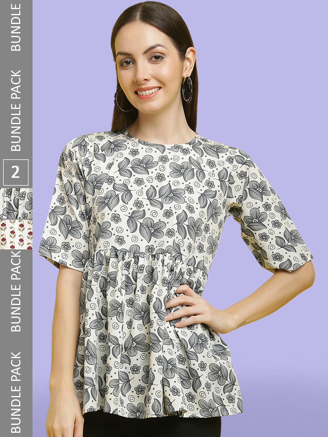 

Poshyaa Pack Of 2 Floral Printed A-Line Tops, Beige