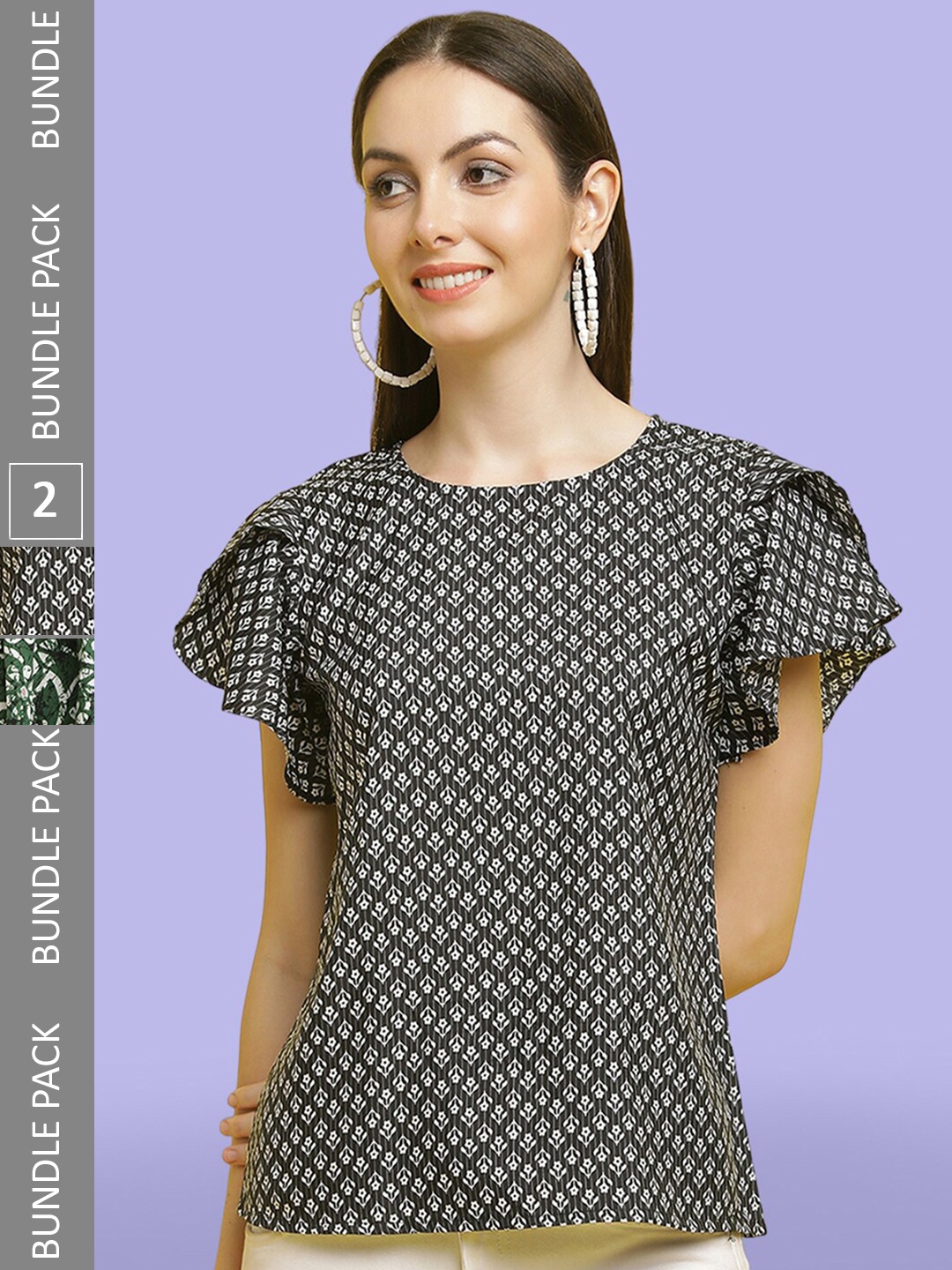 

Poshyaa Pack Of 2 Printed Round Neck Tops, Black