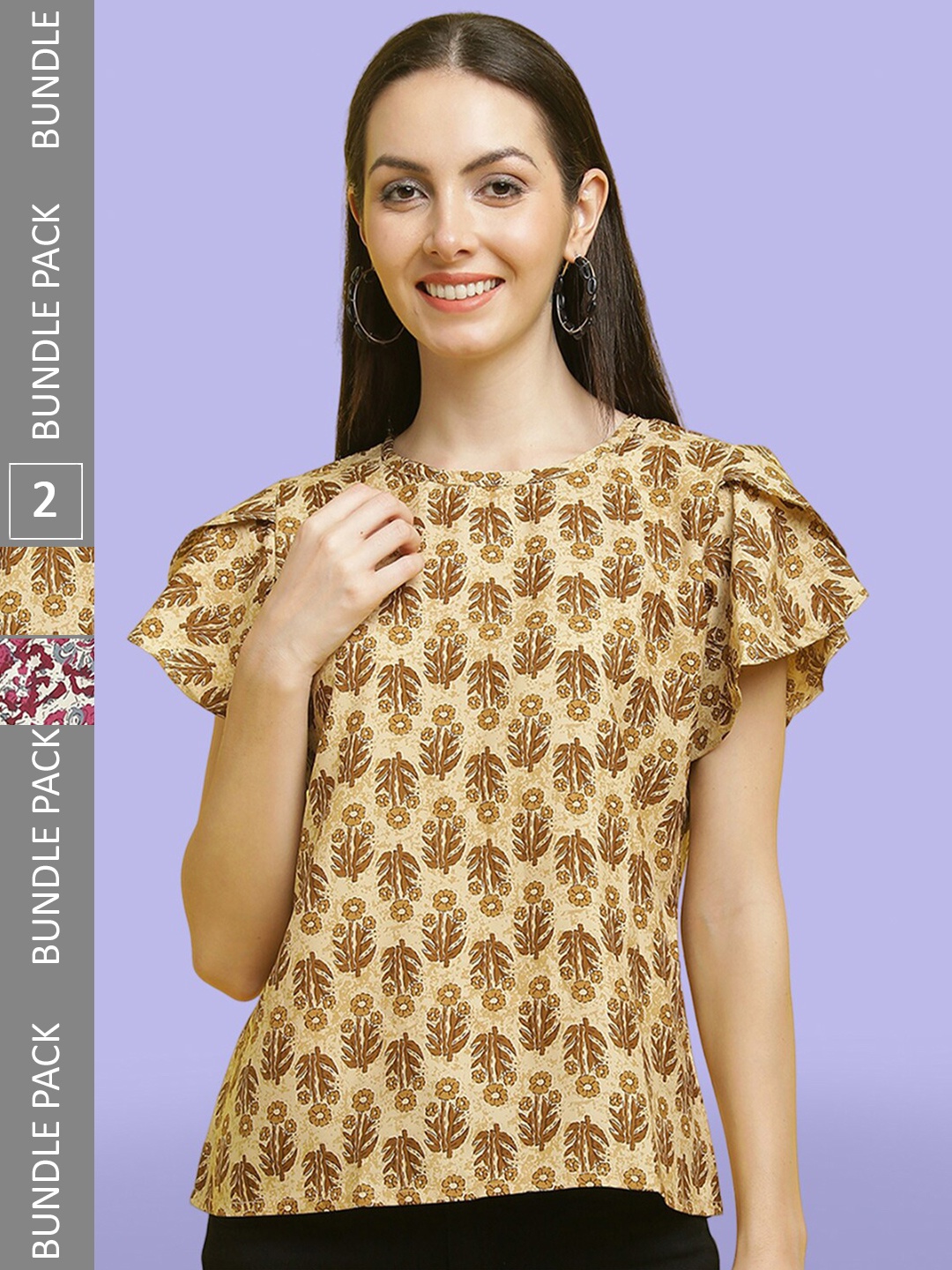 

Poshyaa Pack Of 2 Printed Flutter Sleeves Tops, Beige