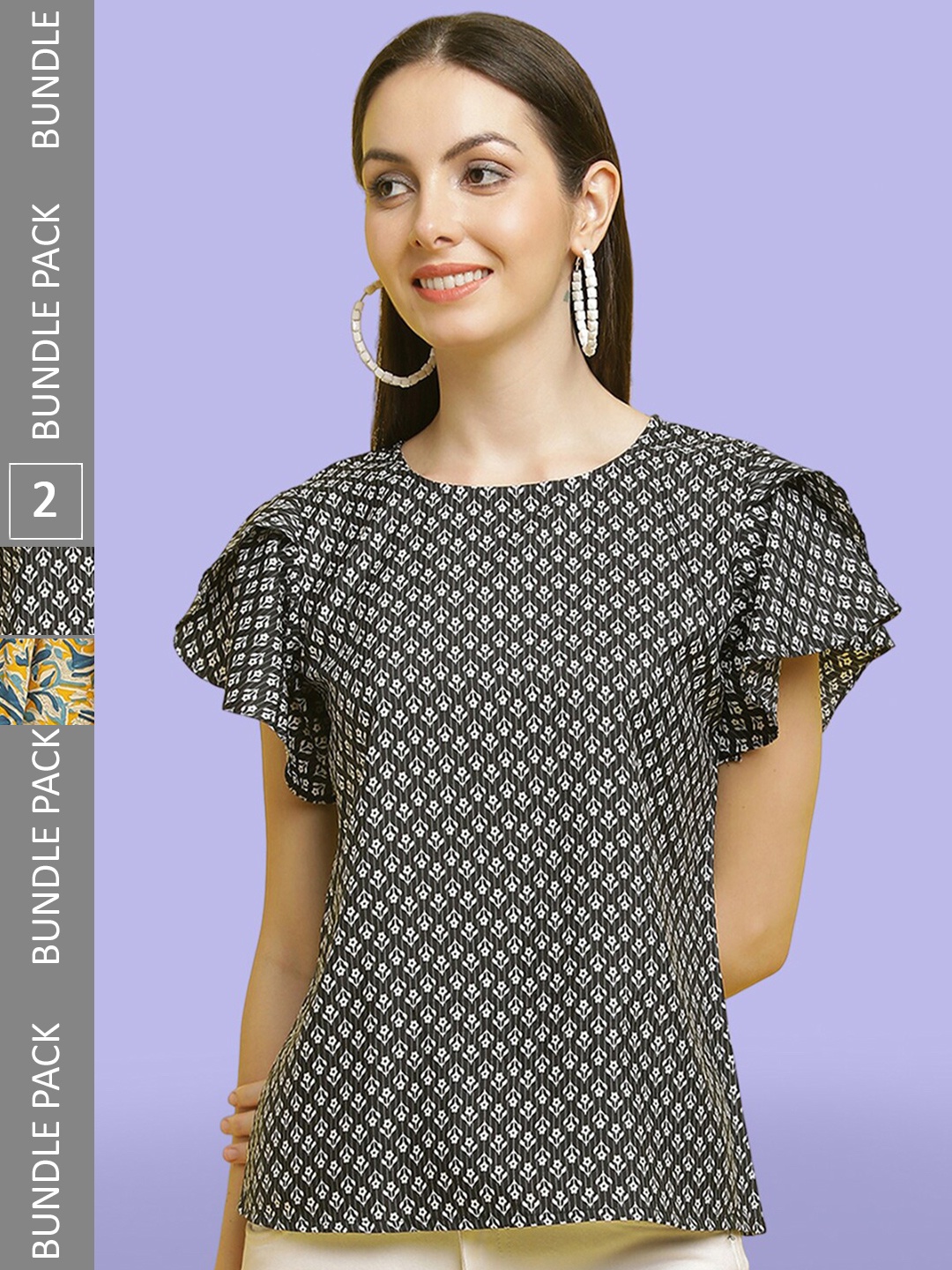 

Poshyaa Pack Of 2 Printed Flutter Sleeve Crepe Top, Black