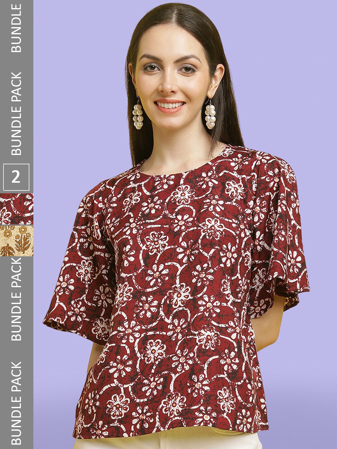 

Poshyaa Pack Of 2 Printed Flared Sleeve Crepe Top, Maroon