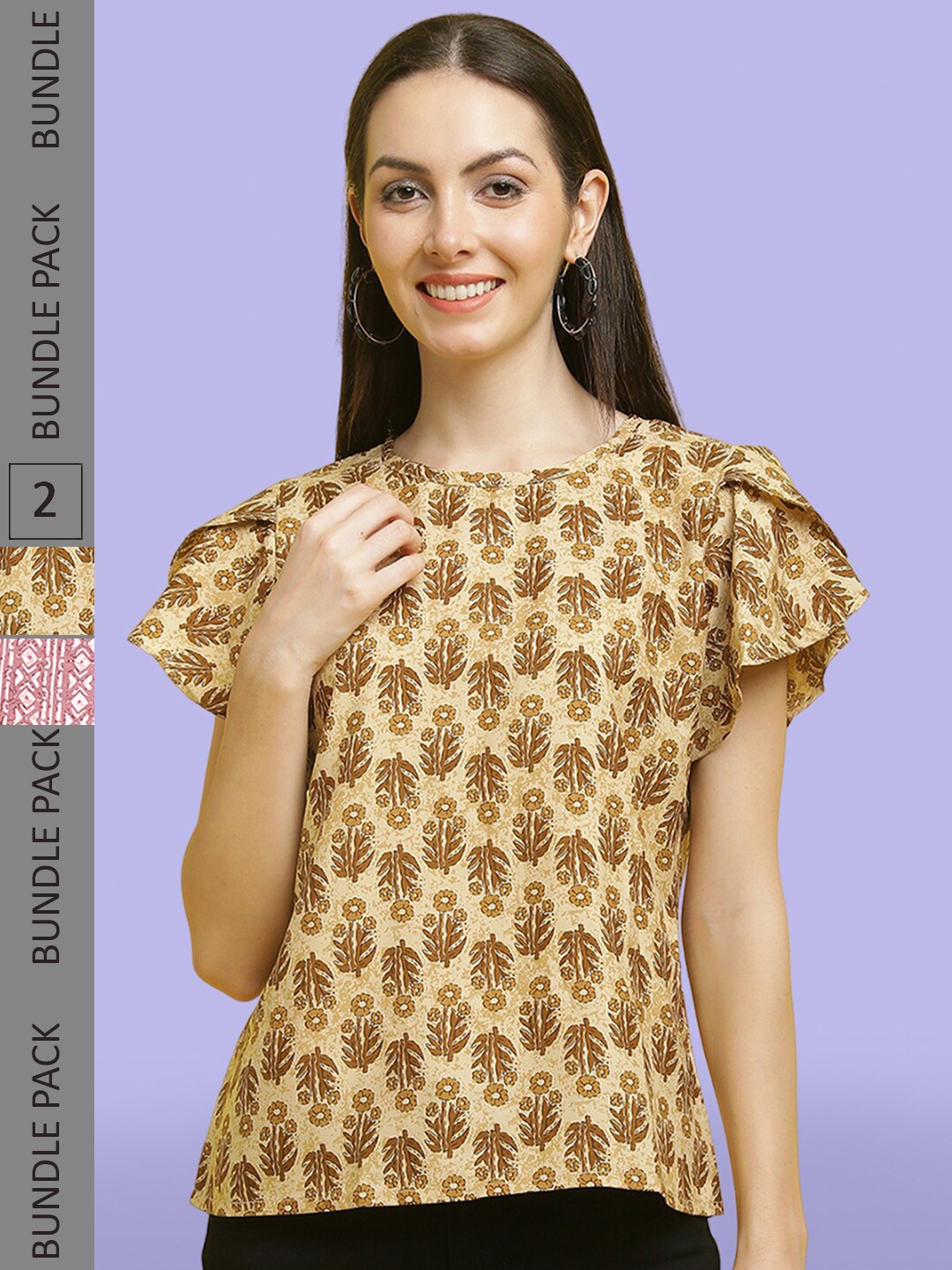 

Poshyaa Pack Of 2 Floral Printed Flutter Sleeve Regular Tops, Mustard