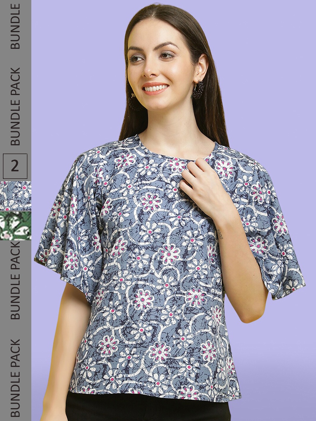 

Poshyaa Pack Of 2 Floral Printed Regular Tops, Grey