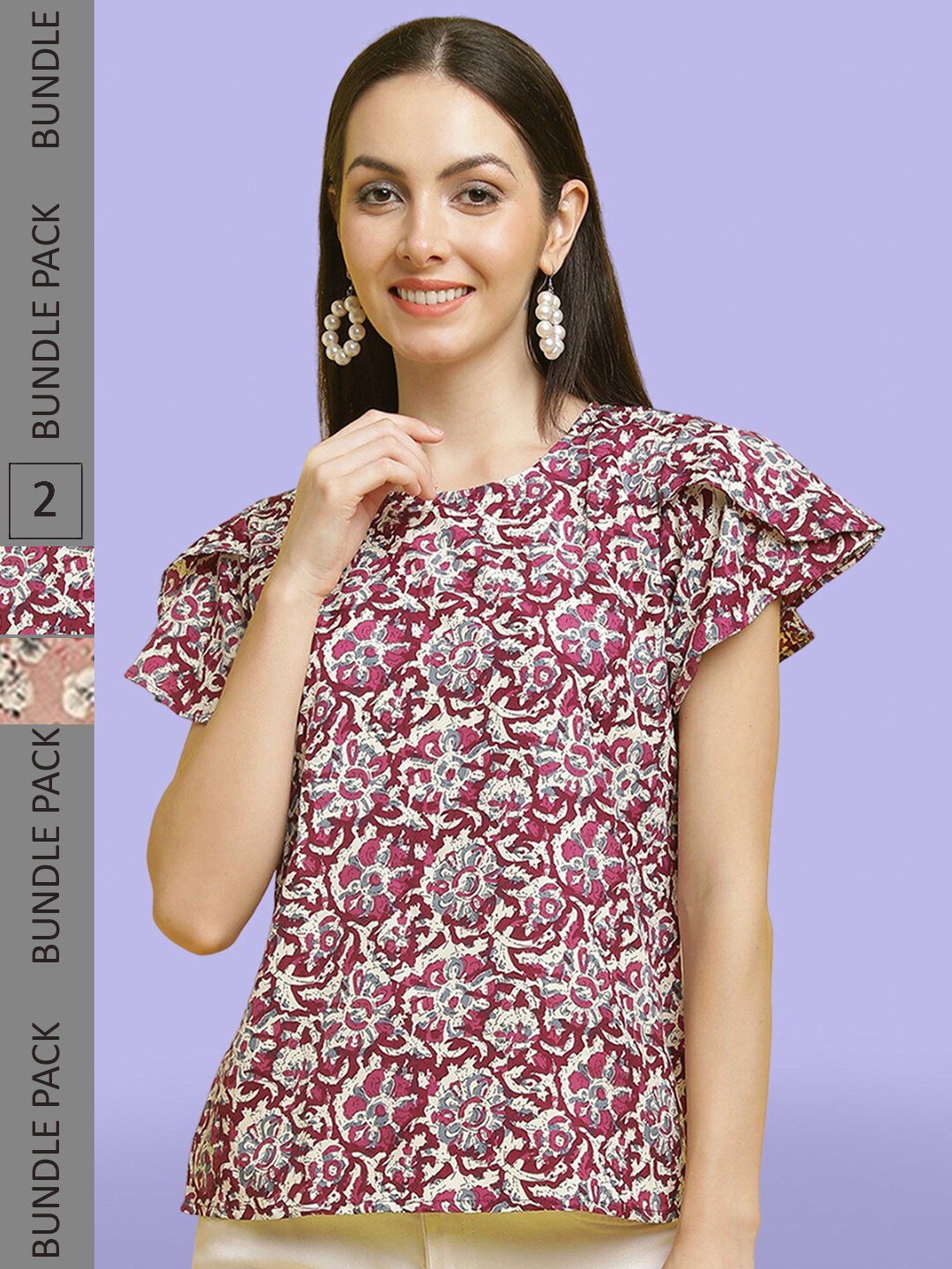 

Poshyaa Pack of 2 Floral Printed Flutter Sleeve Top, Beige