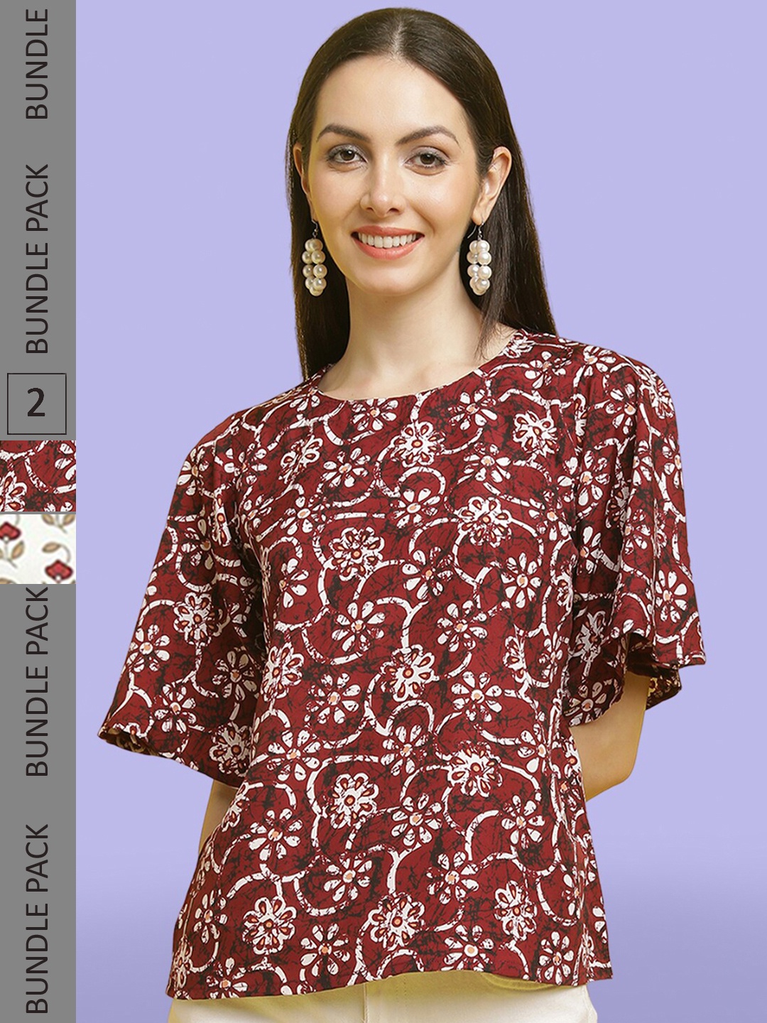 

Poshyaa Pack Of 2 Floral Printed Regular Tops, Maroon