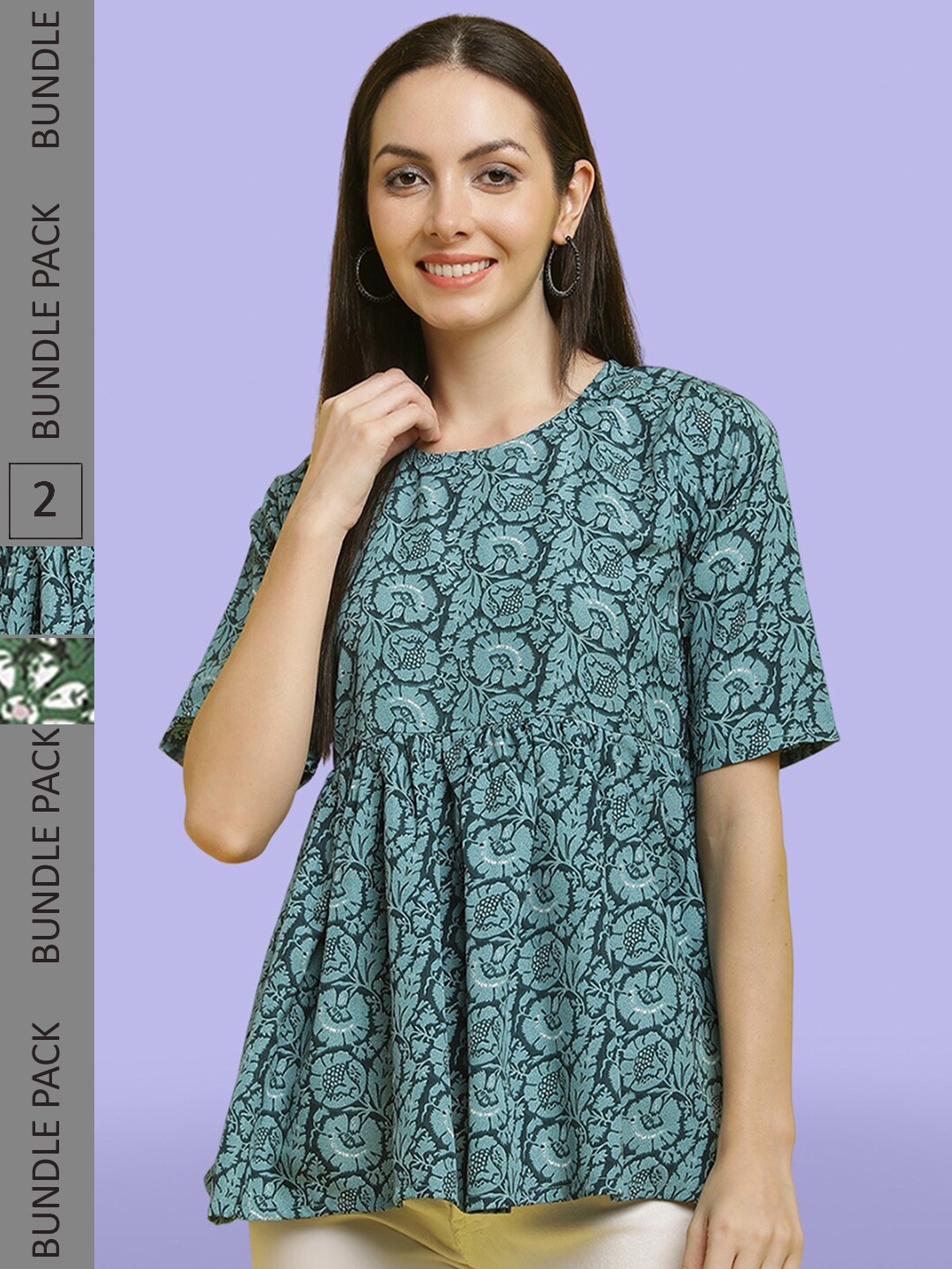 

Poshyaa Pack Of 2 Floral Printed Gathered Or Pleated Empire Tops, Teal