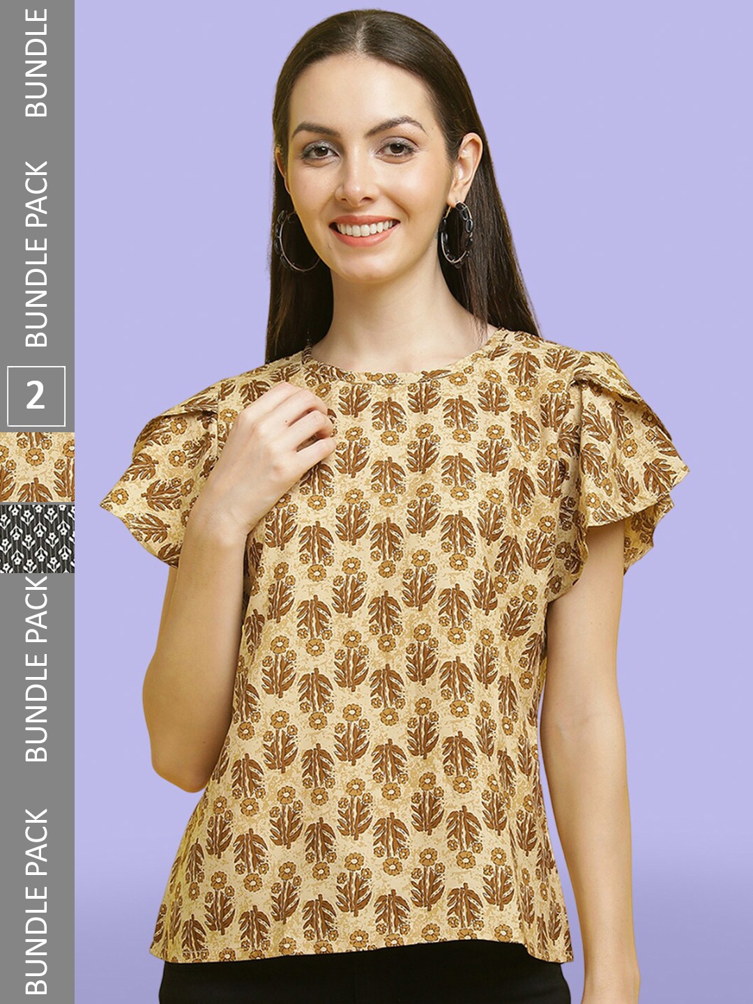 

Poshyaa Pack Of 2 Conversational Printed Flutter Sleeves Tops, Beige