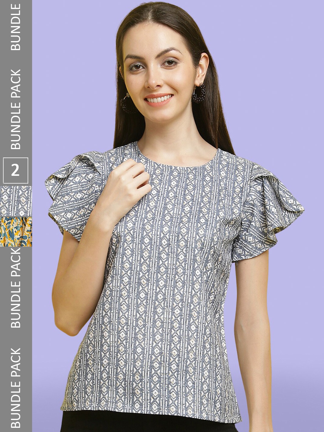 

Poshyaa Pack Of 2 Printed Round Neck Tops, Grey