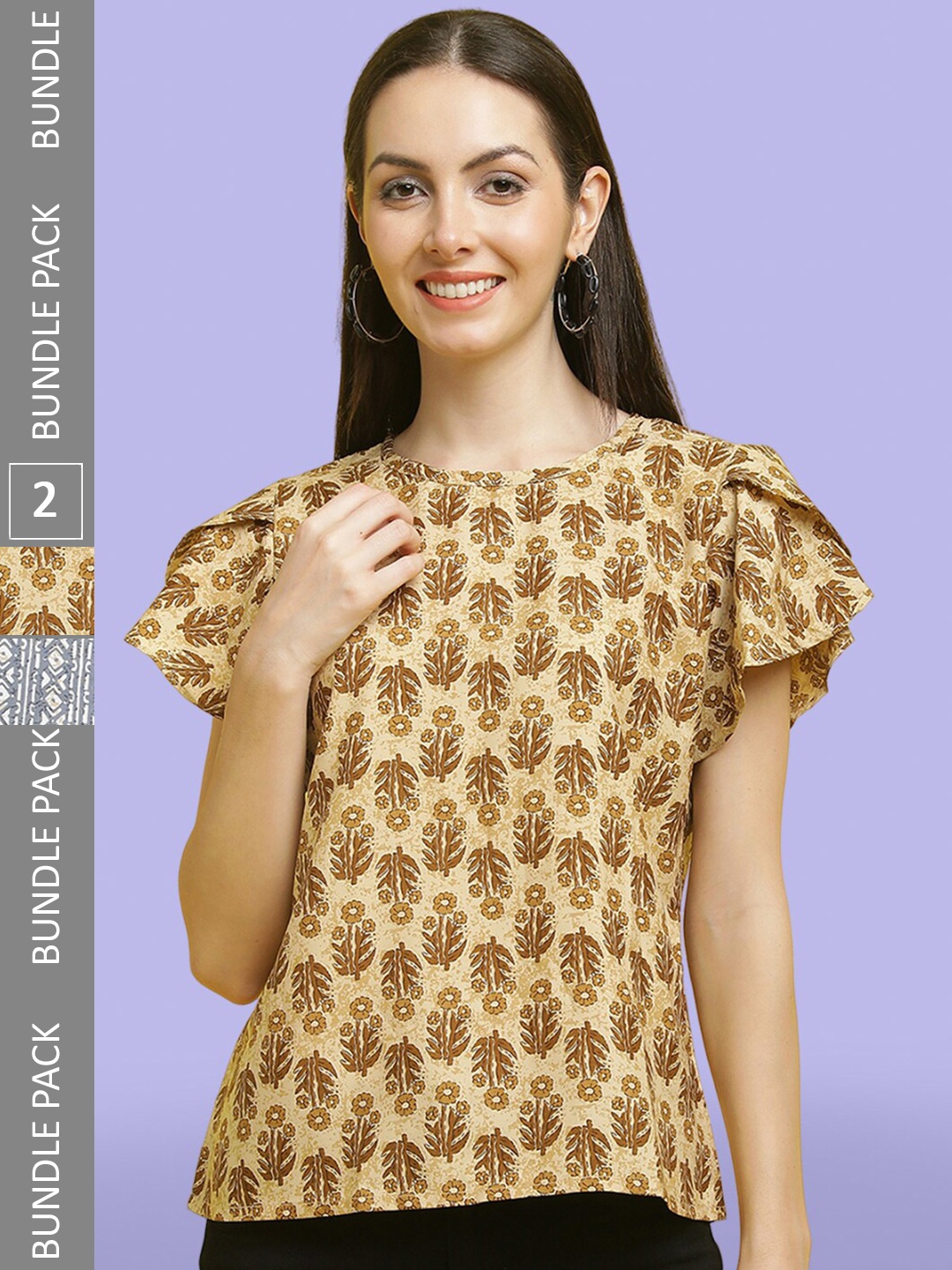 

Poshyaa Pack Of 2 Printed Flutter Sleeves Tops, Brown