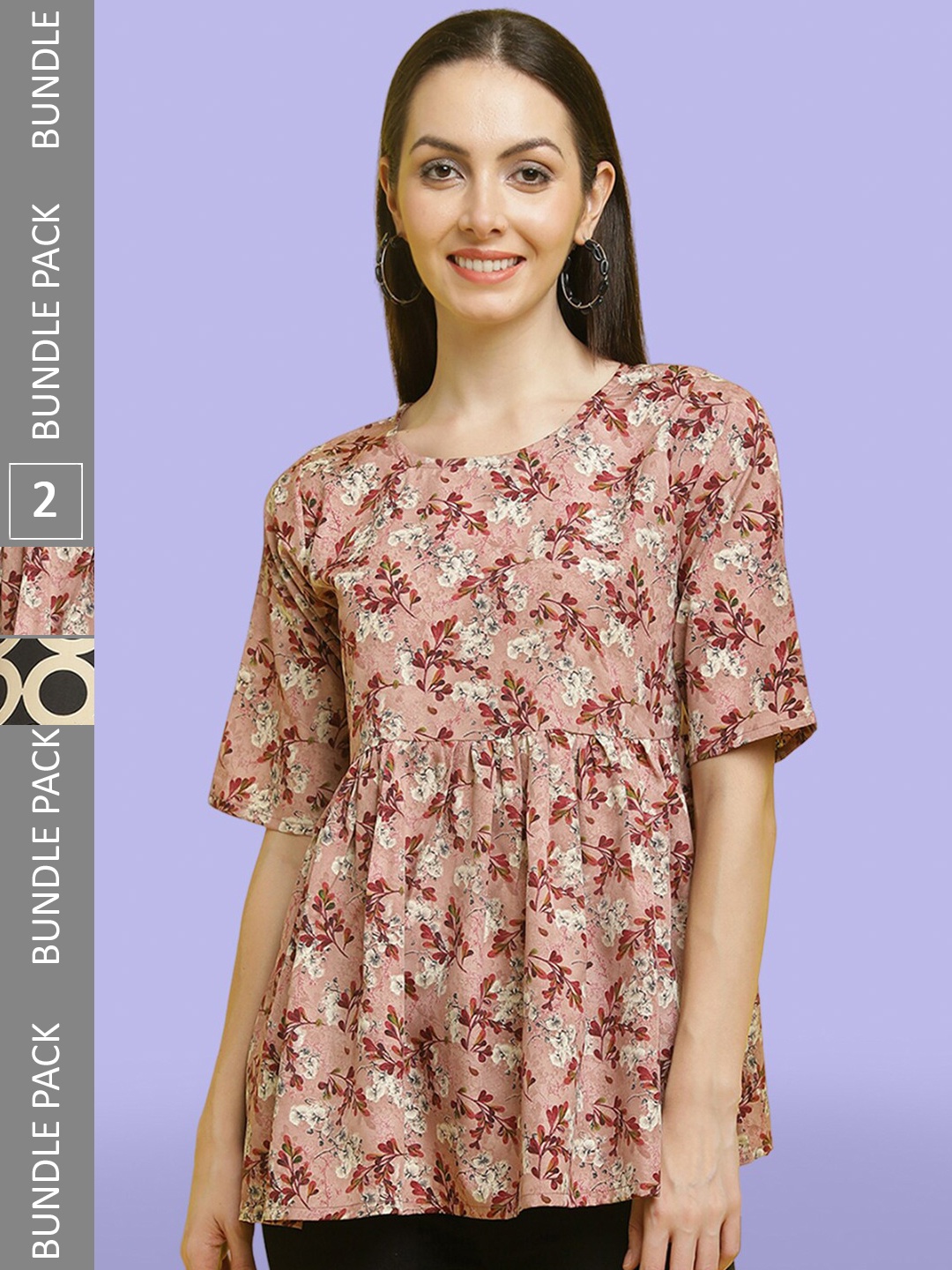 

Poshyaa Pack Of 2 Printed Round Neck Tops, Peach