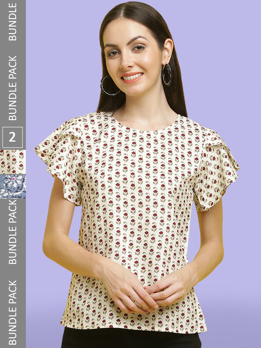 

Poshyaa Pack Of 2 Printed Flared Sleeves Tops, Beige