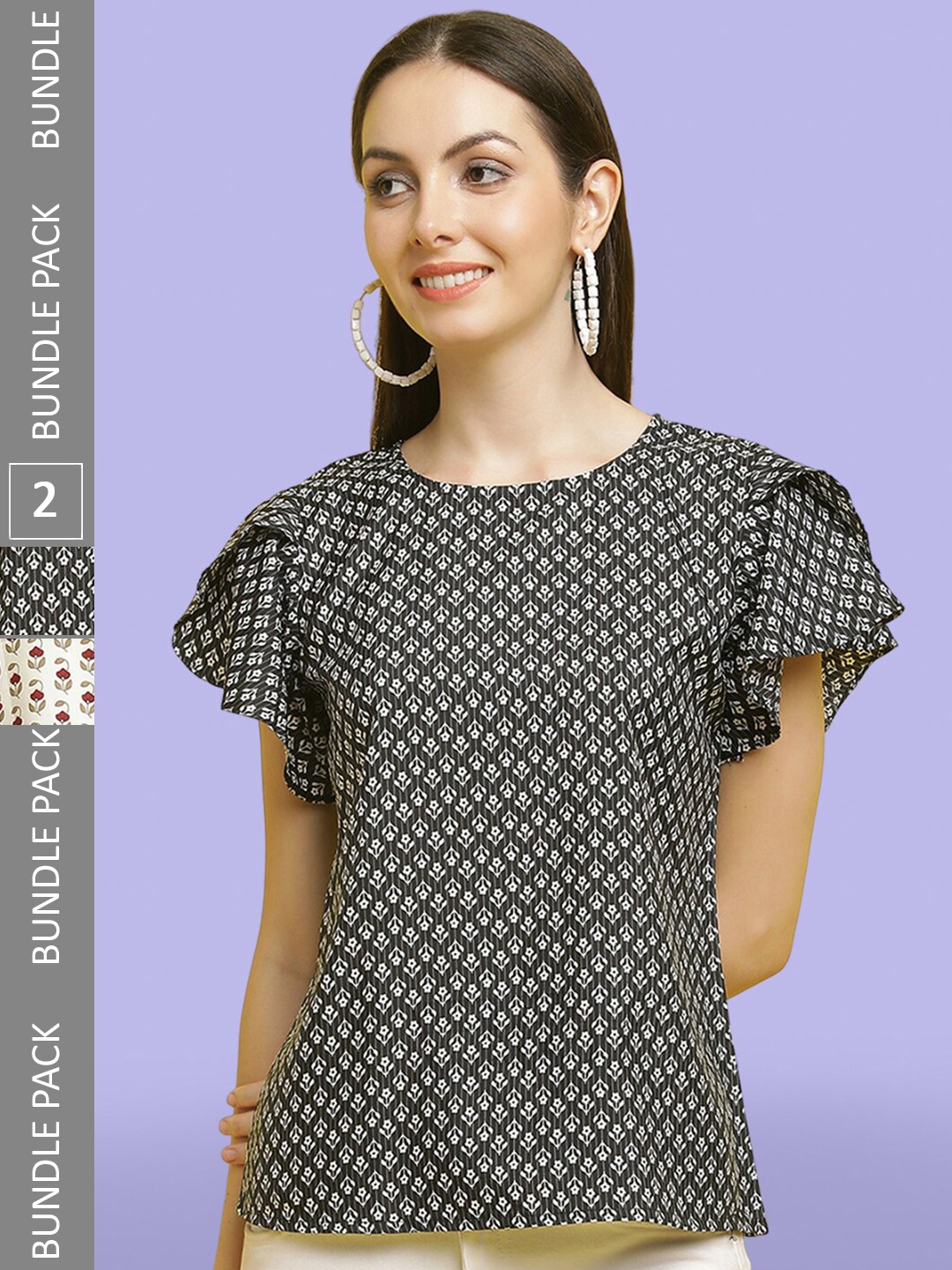 

Poshyaa Pack Of 2 Floral Printed Short Sleeves Top, Black