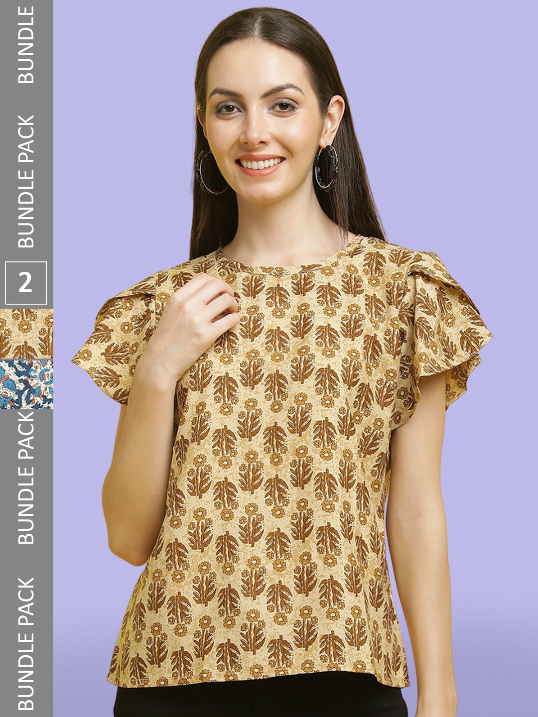 

Poshyaa Pack Of 2 Floral Printed Flutter Sleeves Tops, Brown