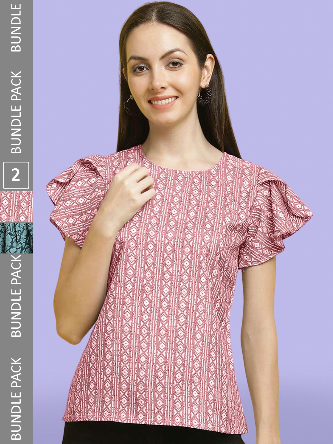 

Poshyaa Pack Of 2 Printed Round Neck Tops, Pink