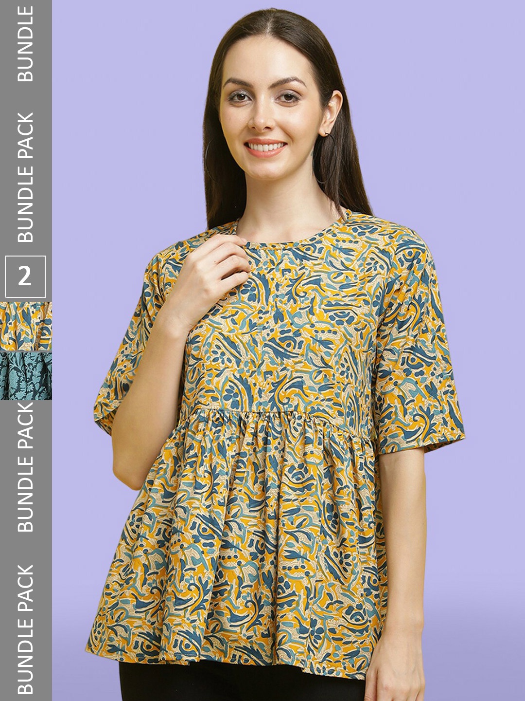 

Poshyaa Pack Of 2 Floral Printed Pleated A-Line Tops, Green
