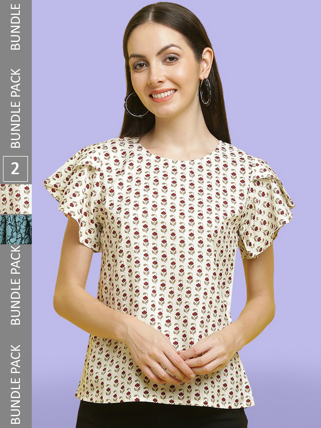 

Poshyaa Pack Of 2 Printed Round Neck Tops, Beige