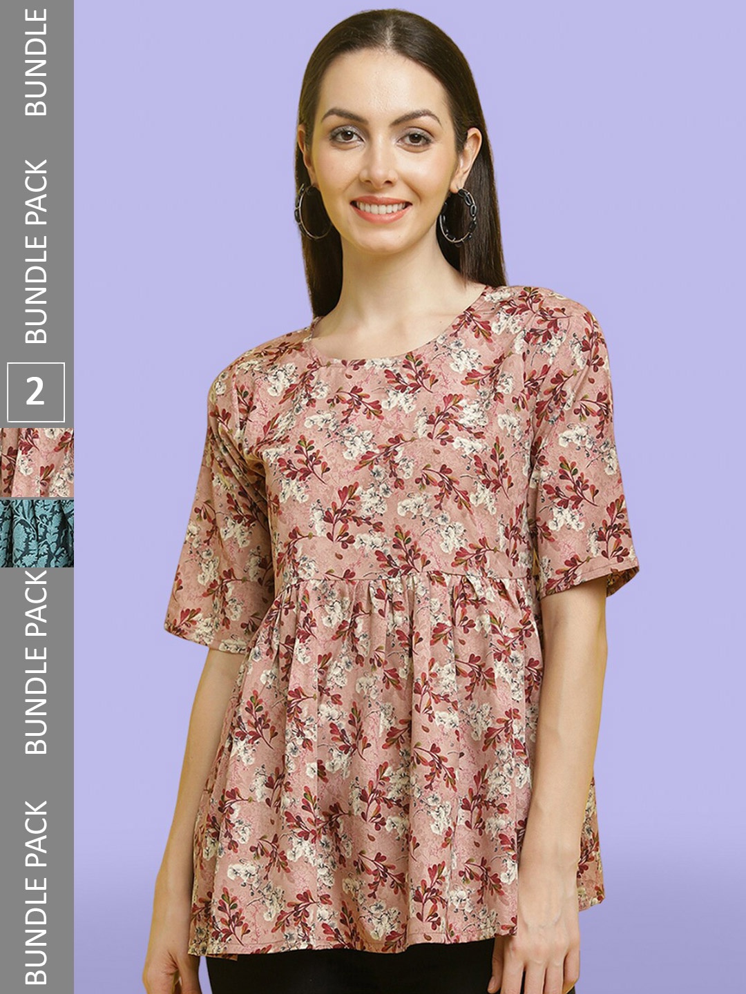 

Poshyaa Pack Of 2 Printed Pleated A-Line Tops, Peach