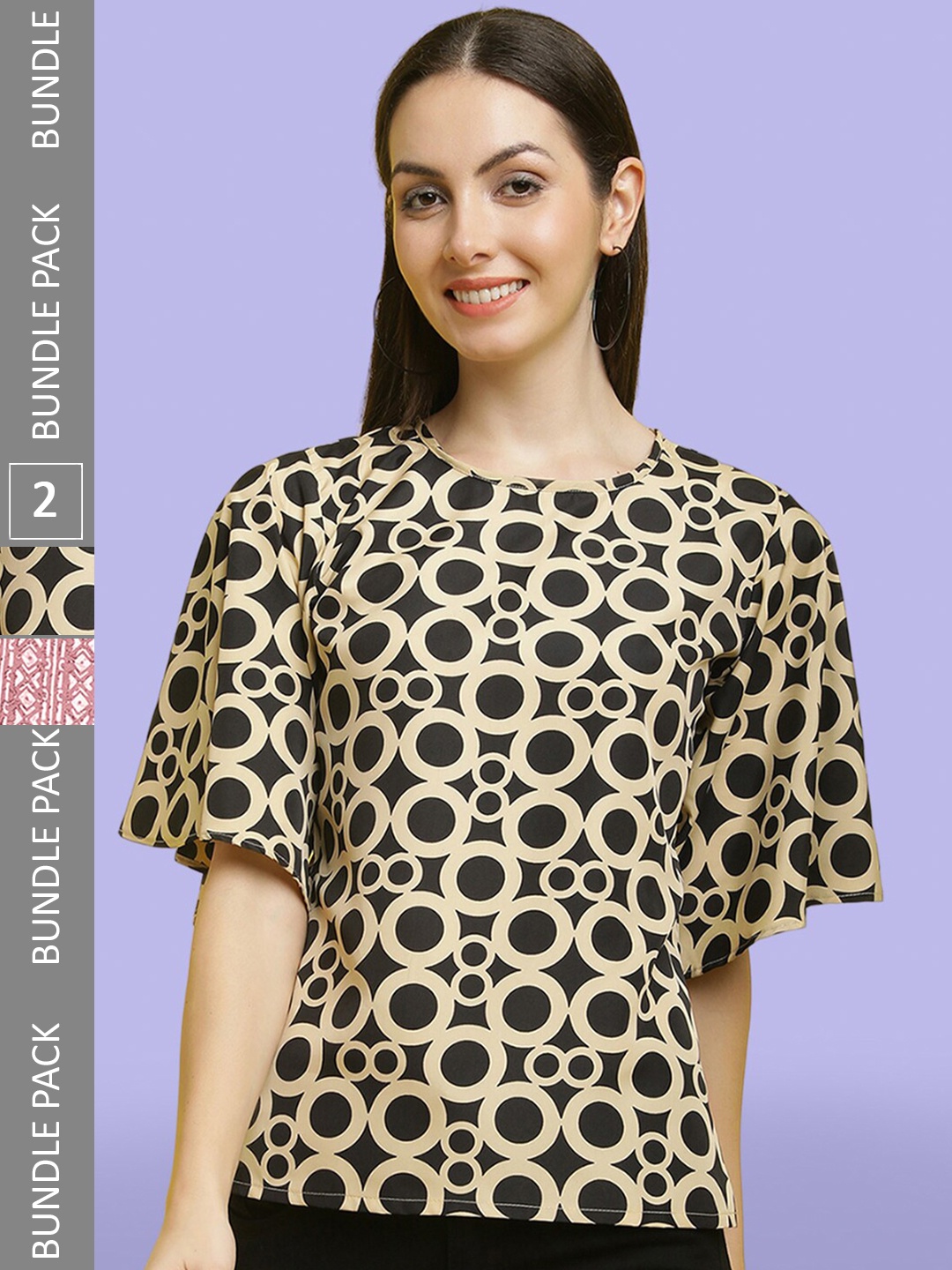 

Poshyaa Pack Of 2 Printed Flared Sleeves Tops, Black
