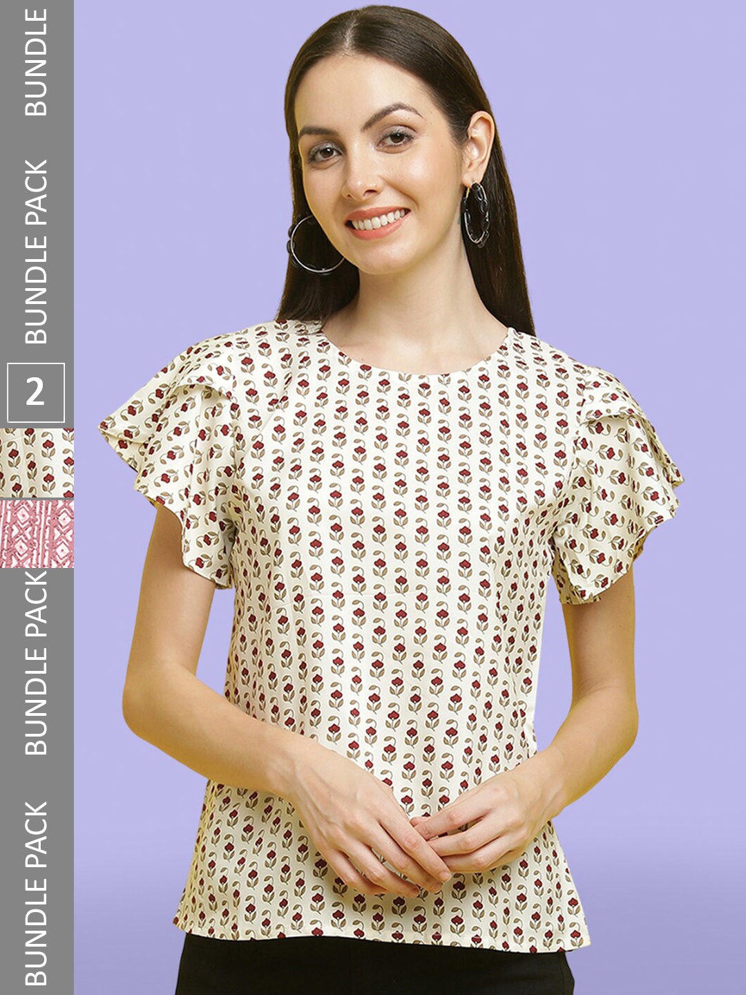 

Poshyaa Pack Of 2 Printed Flutter Sleeve Crepe Top, Beige
