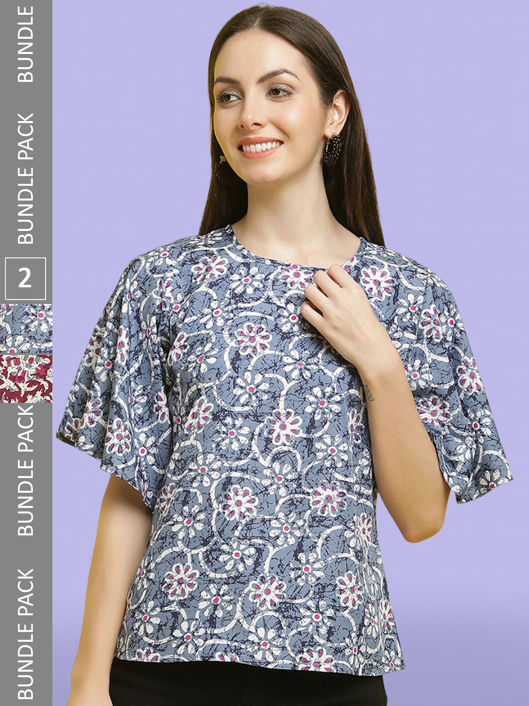 

Poshyaa Pack Of 2 Floral Printed Round Neck Tops, Blue