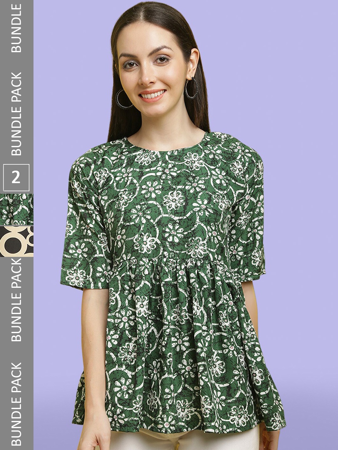 

Poshyaa Pack Of 2 Floral Print Crepe Top, Green