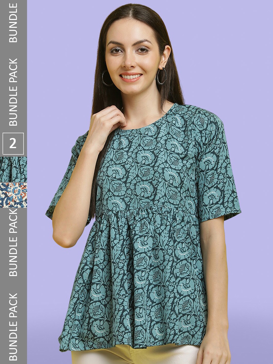 

Poshyaa Pack Of 2 Printed Round Neck Tops, Green