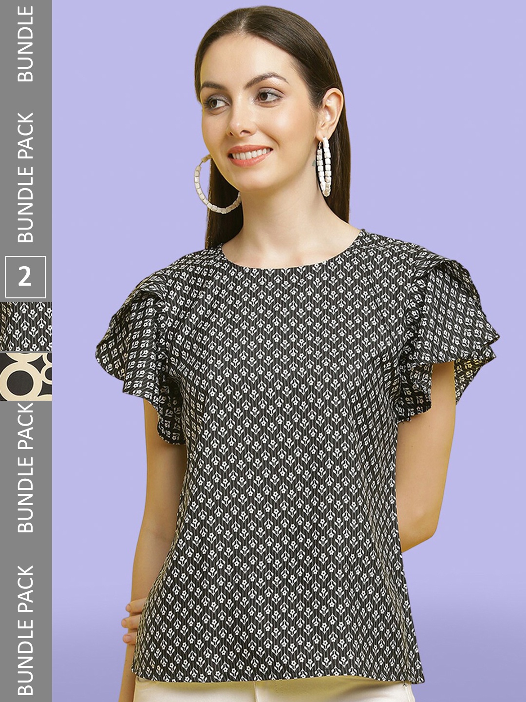 

Poshyaa Pack Of 2 Printed Flared Sleeves Tops, Black