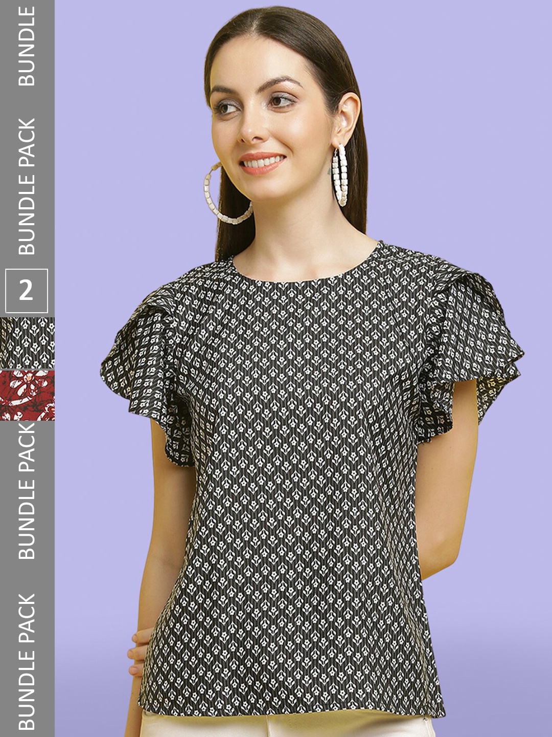 

Poshyaa Pack Of 2 Printed Round Neck Tops, Black
