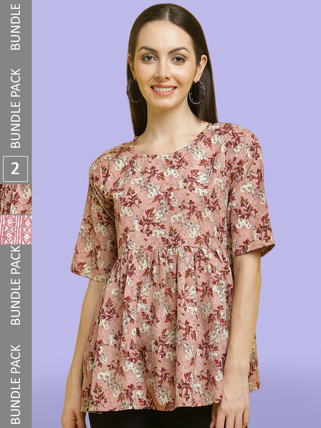 

Poshyaa Pack of 2 Printed Round Neck Tops, Mauve