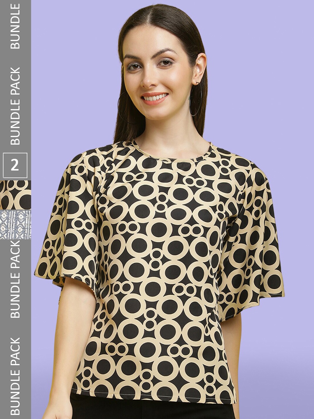 

Poshyaa Pack Of 2 Printed Round Neck Tops, Black