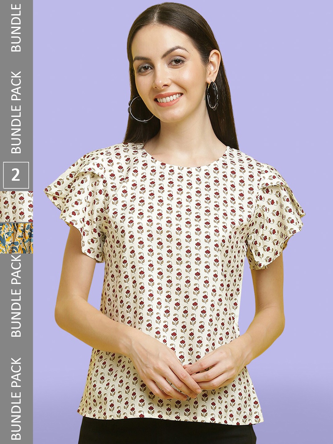 

Poshyaa Pack Of 2 Printed Round Neck Tops, Beige