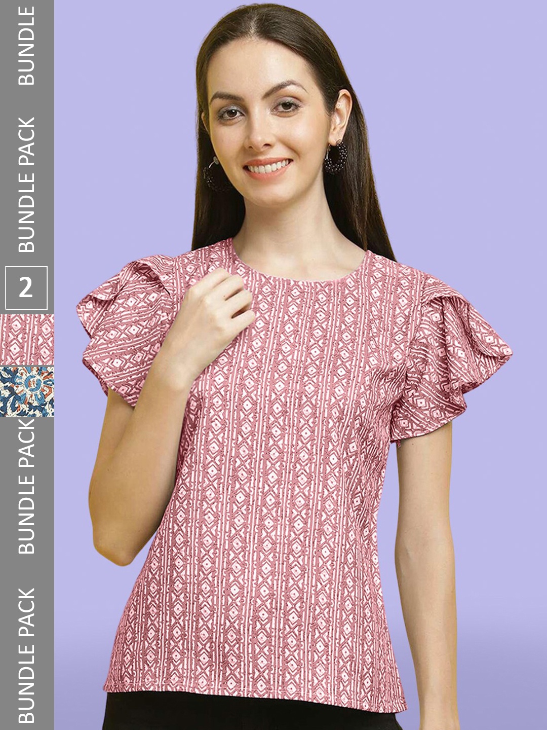 

Poshyaa Pack Of 2 Geometric Printed Flutter Sleeve Crepe Top, Pink