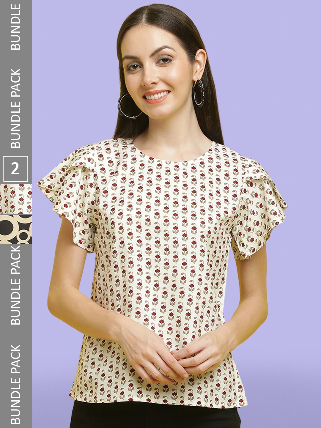 

Poshyaa Pack Of 2 Printed Flared Sleeves Round Neck Tops, Beige