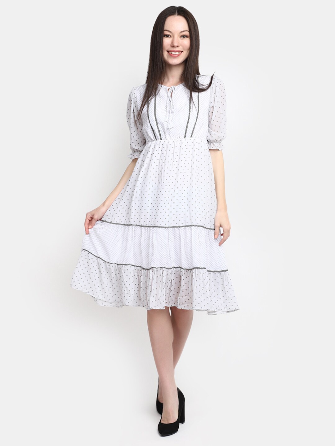 

V-Mart Polka Dot Printed Tie-Up Neck Fit & Flare Dress, White