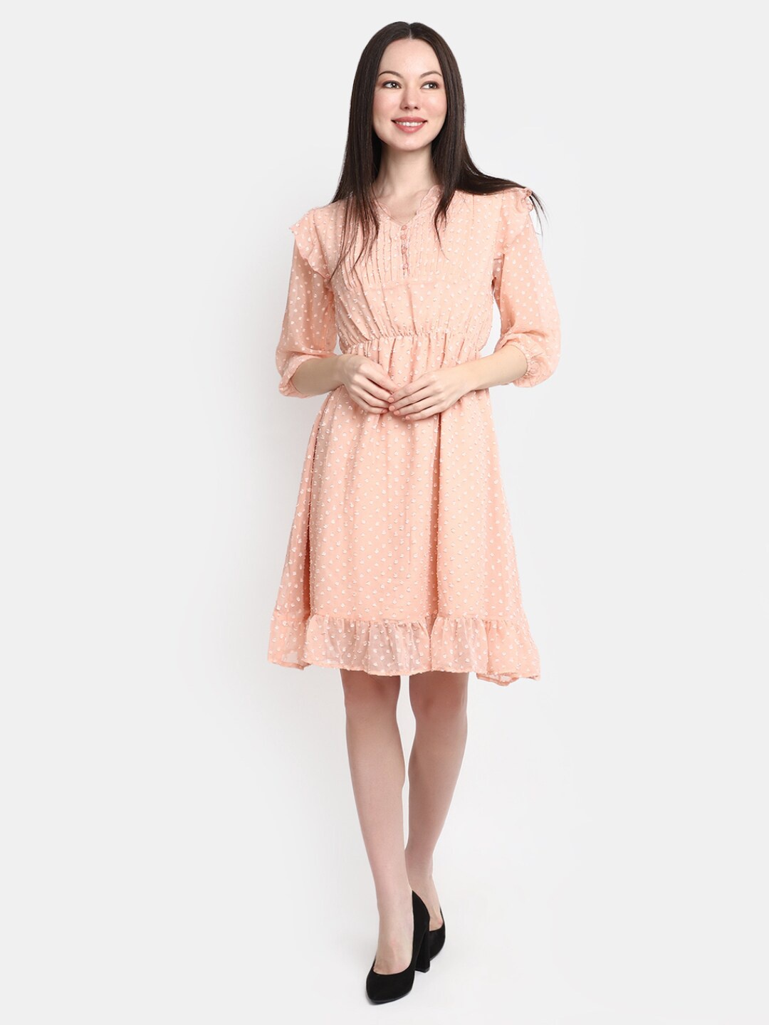 

V-Mart Self Design V-Neck Ruffled Fit & Flare Above Knee Dress, Pink