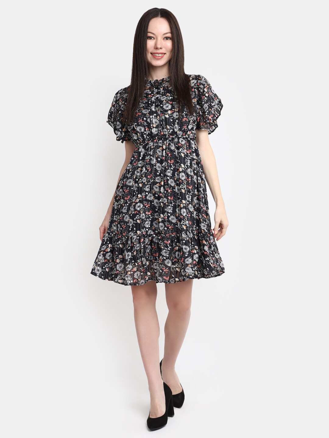 

V-Mart Floral Printed High Neck Flared Sleeves Cotton Empire Dress, Black