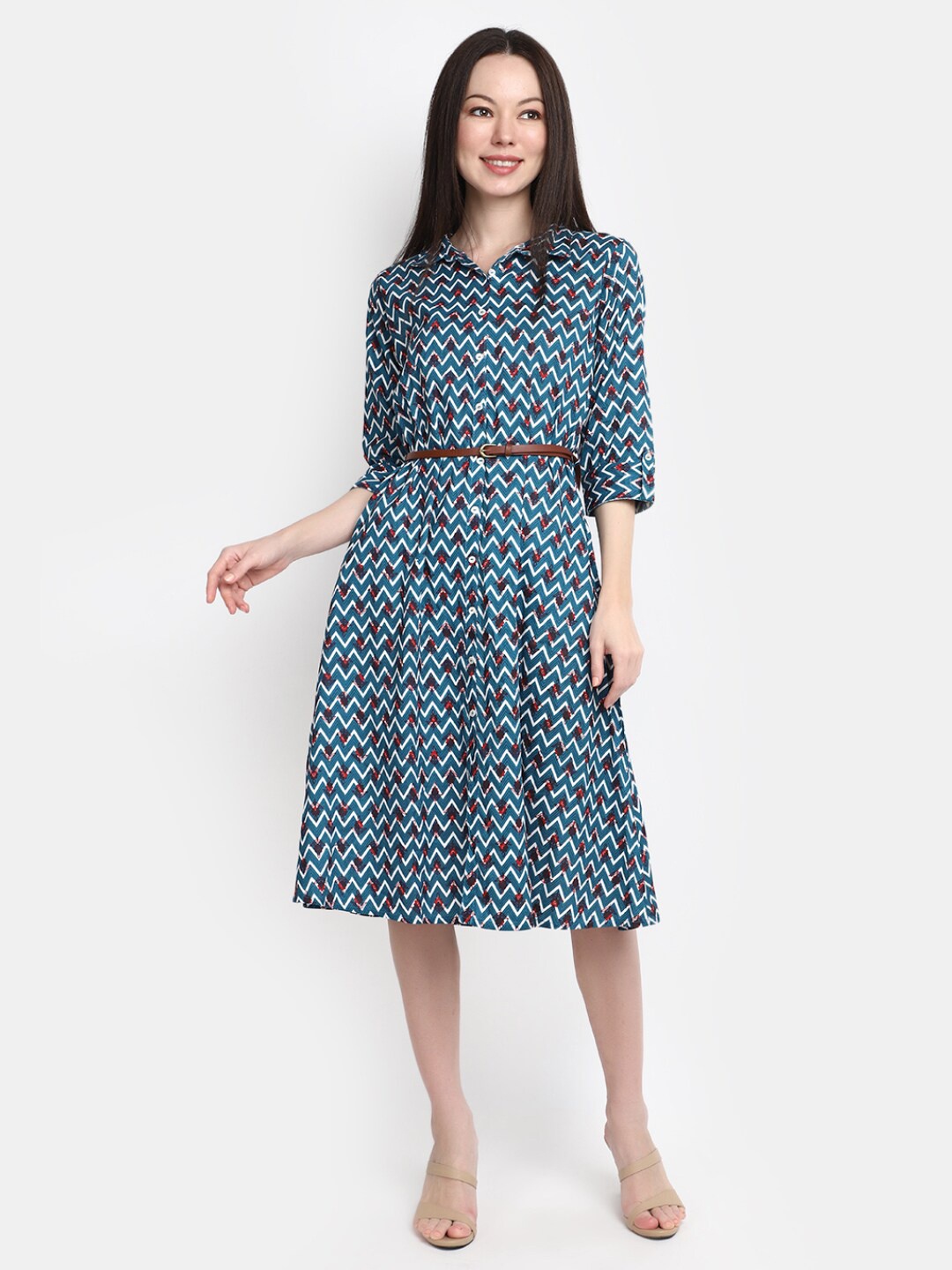 

V-Mart Ethnic Motif Printed Shirt Style Midi Dress, Blue