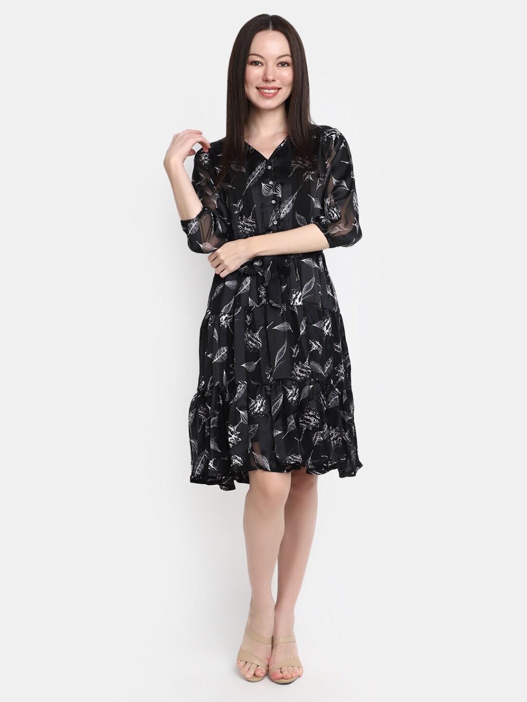 

V-Mart Floral Printed V-Neck Fit & Flare Midi Dress, Black