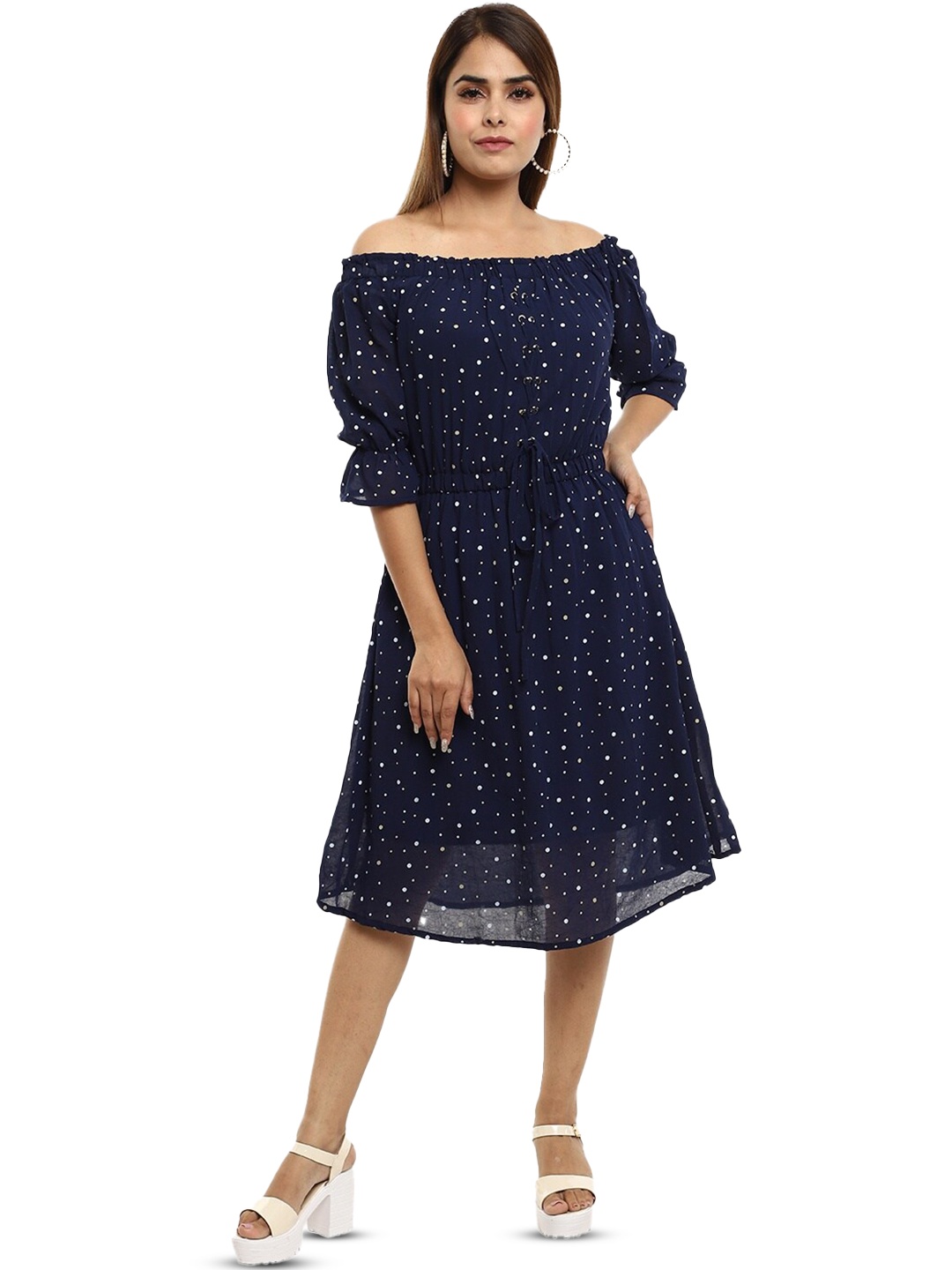 

V-Mart Polka Dot Printed Off-Shoulder Bell Sleeve Lace-Up Detail Fit & Flare Dress, Navy blue