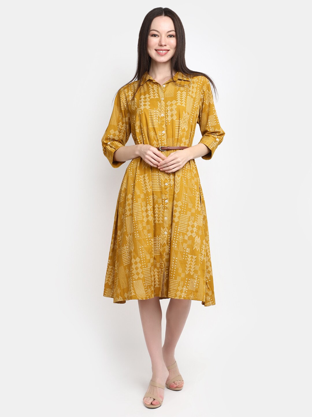 

V-Mart Geometric Printed Belt Detailed Shirt Collar Shirt Style Dress, Gold