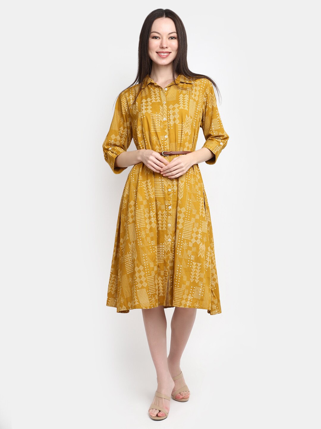 

V-Mart Geometric Printed Belt Detailed Shirt Collar Shirt Style Dress, Gold