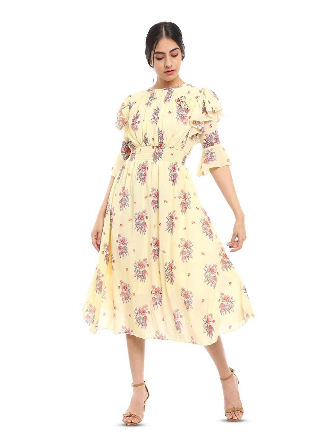 

V-Mart Floral Printed Bell Sleeves Ruffles Detail Smocked Fit & Flare Midi Dress, Yellow