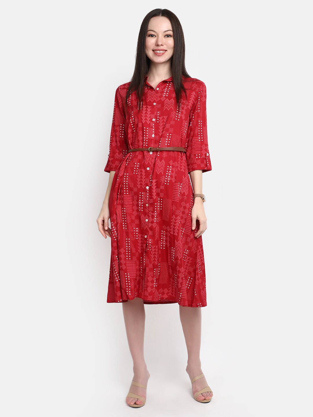 

V-Mart Geometric Printed Belt Detailed Shirt Collar Shirt Style Dress, Maroon