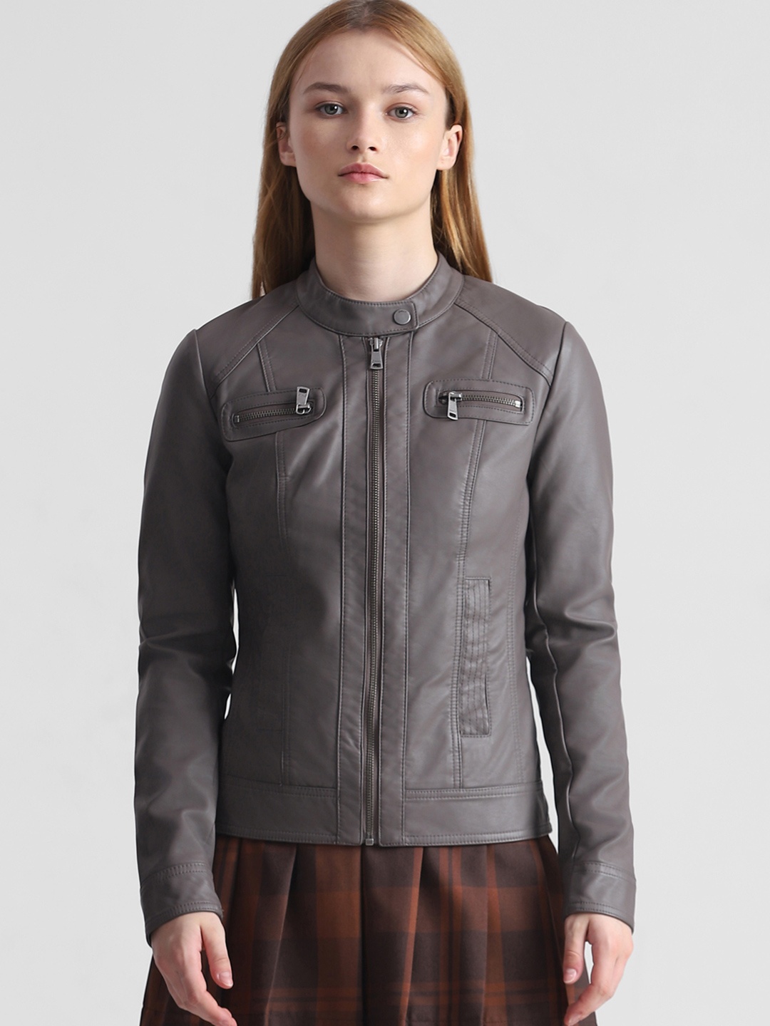 

ONLY Mandarin Collar Biker Jacket, Grey