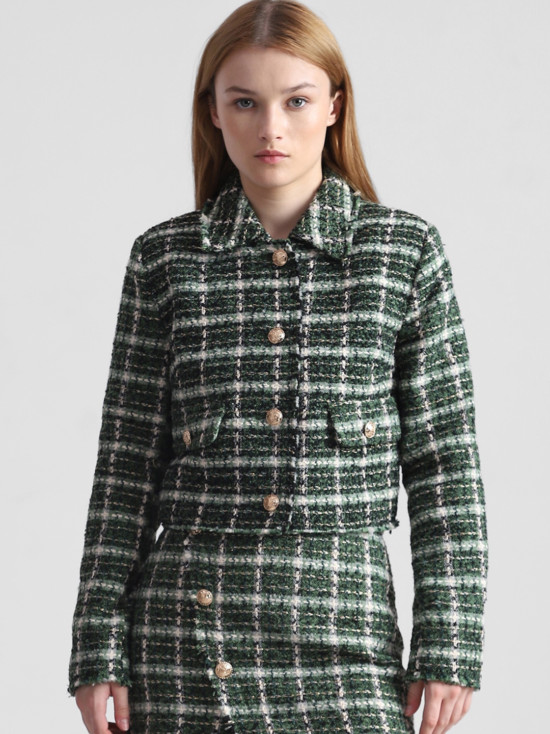 

ONLY Checked Crop Tailored Jacket, Green