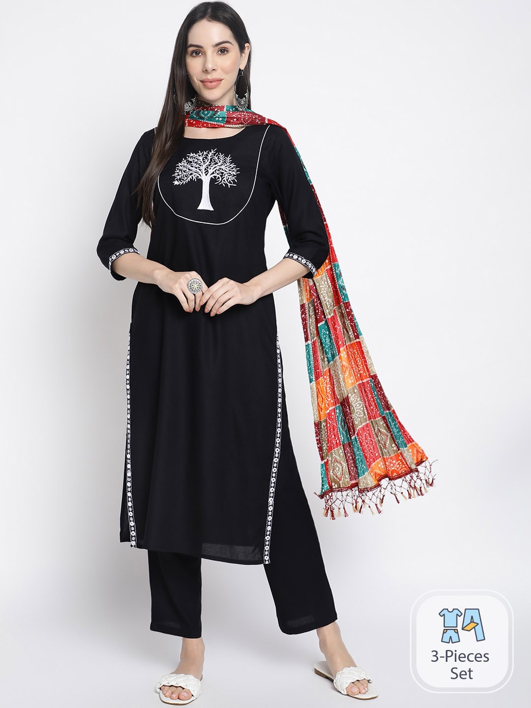 

Rimeline Floral Yoke Design Regular Kurta With Trousers & Dupatta, Black